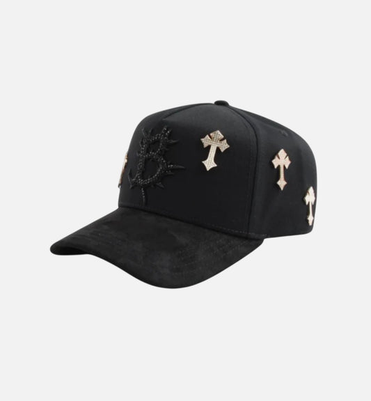 Hats featuring a black design with metal cross embellishments