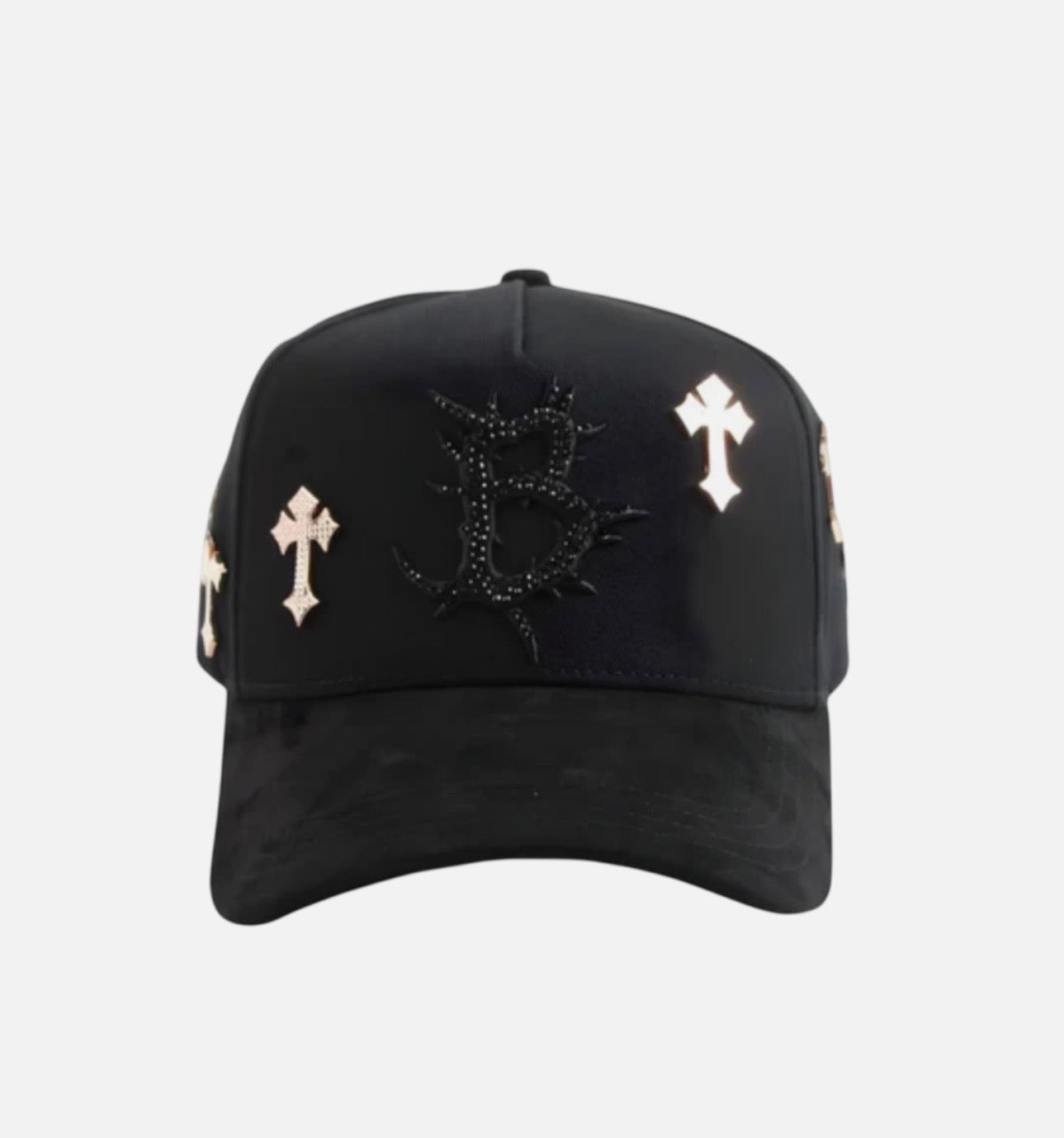 Hats featuring a black design with metal cross embellishments