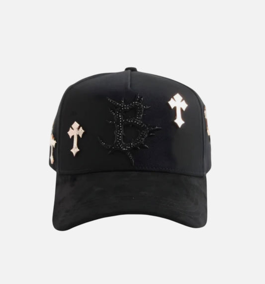 Hats featuring a black design with metal cross embellishments