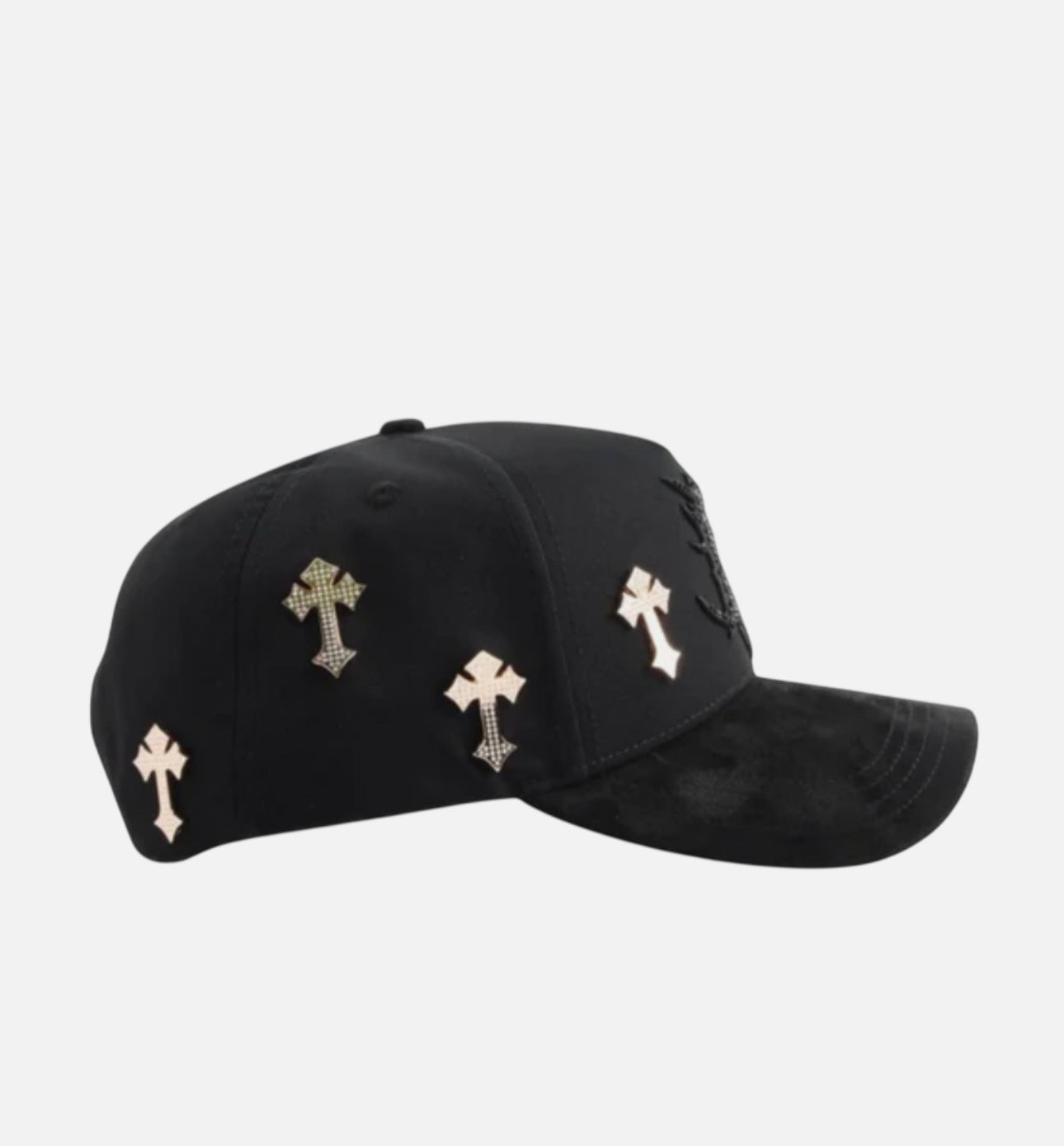 Hats featuring a black design with metal cross embellishments