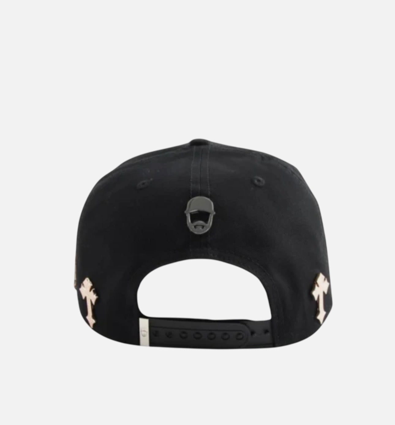 Hats featuring a black design with metal cross embellishments